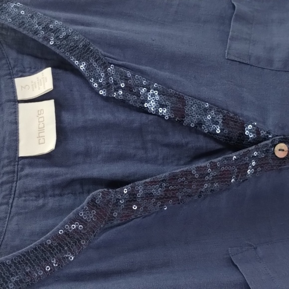 Chico's blue 100% linen w/sequin and brocade lace down back, button down size 3 - Picture 2 of 9